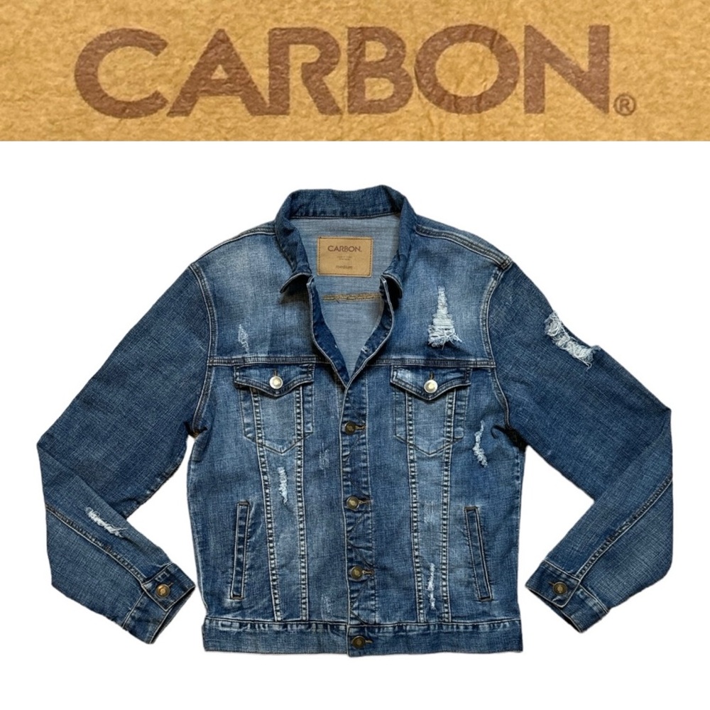 CARBON DISTRESSED MEDIUM WASH LONG SLEEVE STRETCH DENIM JEAN UNISEX JACKET